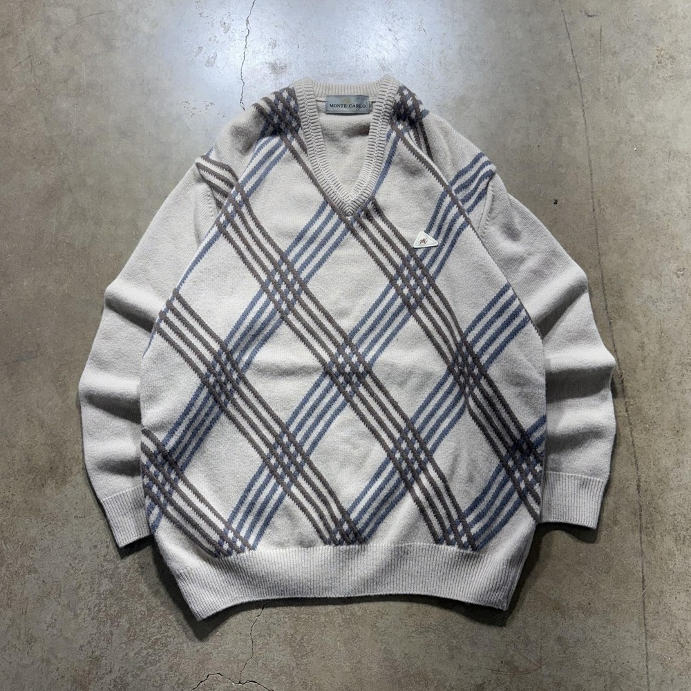 Monte Carlo Sweater Mens XL Beige Argyle V Neck Knit Pullover Casual Fall Winter